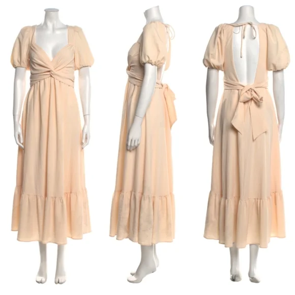 New ASTR The Label Tie Back Puff Sleeve Cream Midi Dress Medium NWT
